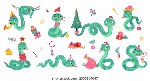 Cartoon christmas snakes. Cute snake with xmas gifts, fir tree, decorative elements. Animals in new year costumes, santa hats, nowaday vector set