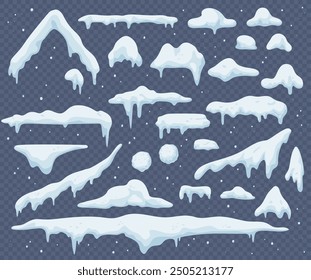 Cartoon Christmas snow and ice decorations of winter snowflakes and icicle effect, isolated vector. Snowball, frost and snowy frames, cold frozen snow caps and roof top effect backgrounds of Christmas