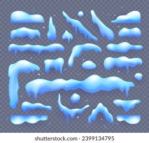 Cartoon christmas snow and ice. Isolated cartoon vector set of snowballs and snowdrifts. Winter snowy decoration, ui or gui game snow caps with icicles, xmas icy roof framing with icicles
