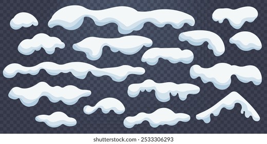 Cartoon christmas snow . Isolated vector set of snowballs and snowdrifts. Winter snowy decoration elements. Long and short icy roof framing, window corners, piles and stripes
