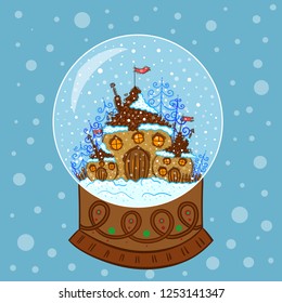 cartoon christmas snowglobe and christmas house