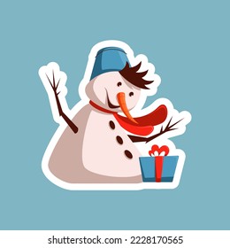 Cartoon Christmas snowman with a gift.