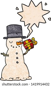 cartoon christmas snowman with speech bubble in retro texture style