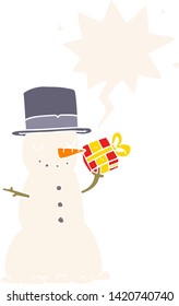 cartoon christmas snowman with speech bubble in retro style