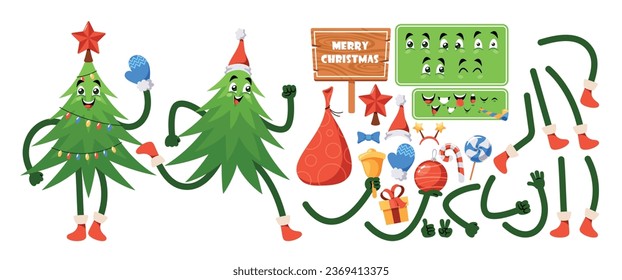 Cartoon Christmas Spruce Character Creation Kit. Constructor Set with Body Parts, Legs, Arms, Face Emotions, Santa Sack
