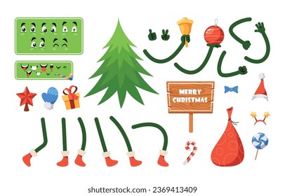 Cartoon Christmas Spruce Character Creation Kit. Constructor Set with Body Parts, Legs, Arms, Face Emotions