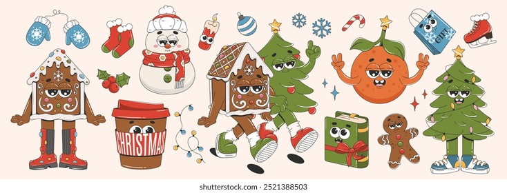 Pacote de adesivos de Natal dos desenhos animados. Elementos perfeitos para scrapbook, pôster, convite, kit adesivo. Personagens groovy retro - boneco de neve, árvore de natal, mitenes, tangerina, casa de gengibre, livro.