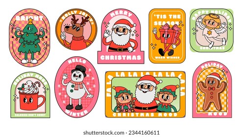 Cartoon Christmas stickers. Comic retro groovy character. Trendy vintage promo label, festive pins. Funny hippy gift, funky deer, Santa Claus and snowman. Shape patch vector elements, holiday mood