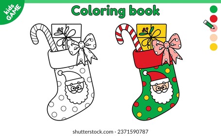 Cartoon Christmas stocking with Santa Claus. Page of coloring book for kids with holiday winter sock. Color outline picture. Activity for children. Vector illustration of Xmas sock with gift and candy