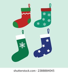 Cartoon Christmas stockings illustration vector. Hanging stocking with xmas patterns. Socks with snowflakes, stars and zigzag line. For Christmas cards, banners, tag, labels, background.