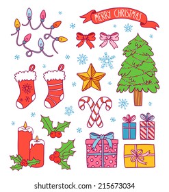 Cartoon christmas symbols collection, presents, ribbons, candies, lights and a christmas tree, vector illustration