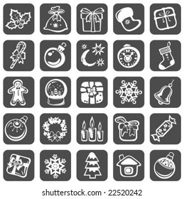 Cartoon Christmas symbols set isolated on a black background.