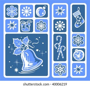 Cartoon Christmas symbols set isolated on a blue background.