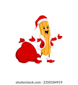 Cartoon Christmas tex mex mexican churros character in Santa costume with a gift bag bursting with presents. Isolated vector festive and delightful Noel personage spreading holiday joy and sweetness