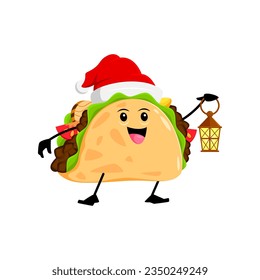 Cartoon Christmas tex mex mexican tacos character dons a festive Santa hat, clutching a lantern, radiating a warm glow, embodying holiday cheer and whimsy. Isolated vector father Noel food personage