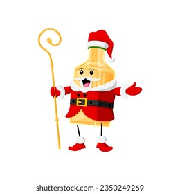 Cartoon Christmas tex mex mexican tequila drink character wearing Santa costume, holding staff, adding a playful holiday spirit to the festive scene. Isolated vector father Noel bottle celebrate Xmas