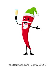 Cartoon Christmas tex mex mexican chili pepper character. Isolated vector cheerful jalapeno or guindilla personage in festive hat holding wineglass with a playful grin, adding a spicy touch to holiday