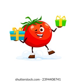 Cartoon Christmas tomato with Santa gift boxes, vector vegetable character for winter holiday. Merry Christmas and Happy New Year greeting of funny tomato with presents for emoji or emoticon