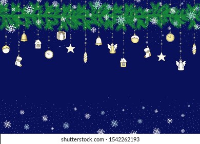 Cartoon Christmas toys, a garland of fir branches and snowflakes on a dark blue background. Colored vector seamless hand-drawing.
