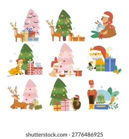 Cartoon christmas tree and animals compositions set. Cute reindeer and forest animals fox, hedgehog, bear and rabbit in santa hats. Cartoon woodland chrismas characters set.
