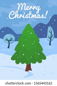 Cartoon Christmas tree card template. New year celebration concept with green pine and snow. Winter landscape background with december fir symbol flat vector illustration.