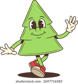 Una Ilustración vectorial de personaje de árbol de Navidad de dibujos animados. El árbol sonriente con guantes y botas está saludando y caminando hacia adelante. Perfecto para el diseño de vacaciones, tarjetas de felicitación y proyectos de marca festivos