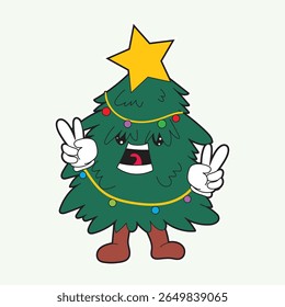 Cartoon Christmas tree character with a yellow star on top and peace hand signs, decorated with colorful lights. Perfect for Christmas greeting cards, holiday sticker designs, fun winter party element