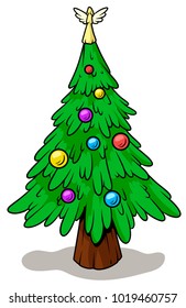 Cartoon christmas tree decorated with angel on top and light balls on white background. Vector icon.