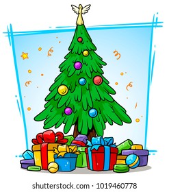 Cartoon christmas tree decorated with angel on top and light balls, stars and gift boxes on white background. Vector icon.