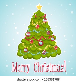 Cartoon Christmas tree decorated with garlands and xmas toys hand drawn card