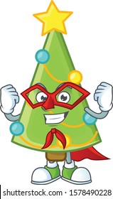 A cartoon of christmas tree decoration wearing costume of Super hero