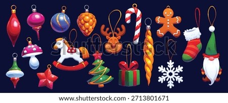Cartoon Christmas tree decorations and balls. Vector cute Xmas ornaments, baubles, toys and glass globes decorations set. Christmas tree, gift box, reindeer, elf and gingerbread man ornaments