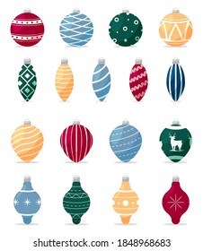 Cartoon Christmas tree decorations. Decorations isolated on white background. Colorful festive decorations for the Christmas tree. Balls, icicle toys. Vector illustration