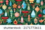Cartoon Christmas tree decorations and toys seamless pattern. Winter holidays xmas fur tree decorations vector endless design illustration. Christmas holidays background