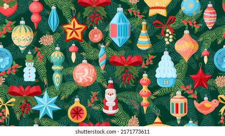 Cartoon Christmas tree decorations and toys seamless pattern. Winter holidays xmas fur tree decorations vector endless design illustration. Christmas holidays background