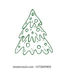 Cartoon Christmas tree in doodle style. Green spruce new year. Isolated on a white background.