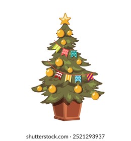 Cartoon christmas tree with flags and yellow balls. Desember holiday symbol. Colorful decoration fir. New year card isolated drawing. Vector illustration