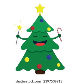 Cartoon Christmas tree. Funny happy fir with sparkles and candy. Vector illustration isolated on white background