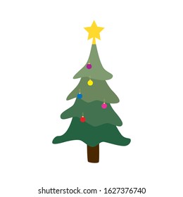 Cartoon Christmas tree in garlands isolated on white background. Hand drawn holiday fir in doodle style symbol. Green conifer simple vector illustration