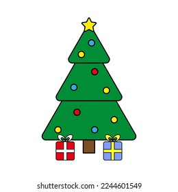 cartoon christmas tree gifts. Christmas invitation. Xmas present. Vector illustration. Stock image.