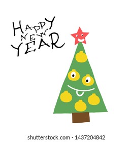 Cartoon Christmas tree.  Happy new year vector multicolored Illustration.
