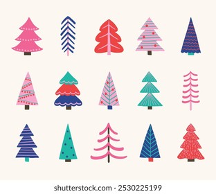 Cartoon Christmas tree icon collection. Abstract ornaments design. Vector illustration