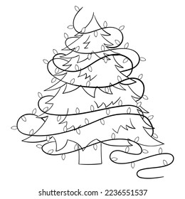 Cartoon Christmas tree with Christmas lights for coloring book. Linear design for children's coloring books.