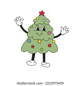 Cartoon Christmas tree mascot character 40s, 50s, 60s old animation style. Vintage comic in trendy cool retro style.