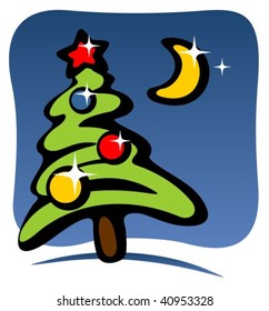 Cartoon Christmas tree and moon on a blue background.