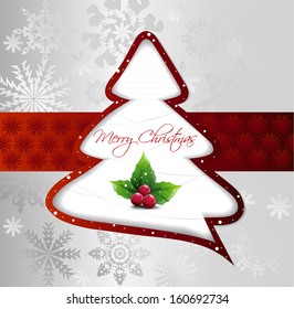 Cartoon Christmas Tree on silver card. Vector