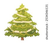 Cartoon Christmas tree on white background. Fluffy Christmas tree with garlands and toys. Vector isolated illustration