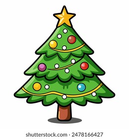 Cartoon Christmas tree with ornaments and star topper, creating a cheerful holiday decoration