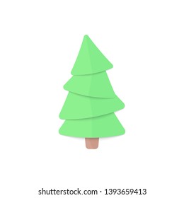 Cartoon Christmas tree paper cut trendy craft style. Decorated New Year, Xmas tree Scrapbook element for holidays cards, seasonal landscape, web, banner, poster, branding, cover. Vector illustration