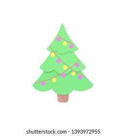 Cartoon Christmas tree paper cut trendy craft style. Decorated New Year, Xmas tree Scrapbook element for holidays cards, seasonal landscape, web, banner, poster, branding, cover. Vector illustration